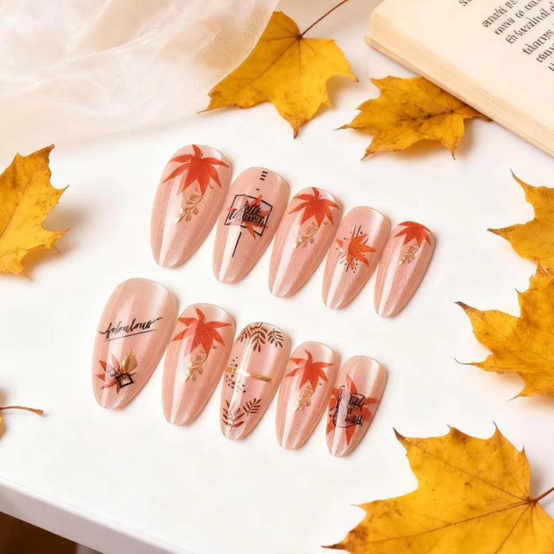 SEENEEY Thanksgiving Medium Long Press on Nails Almond Fake Nails Nude Artificial Nail Red Maple Leaves Designs Stick on Nail for Women 24pcs - Image 1